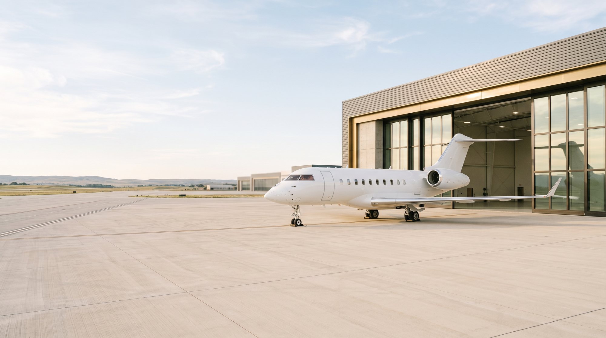 Jato executivo branco estacionado em frente a um hangar